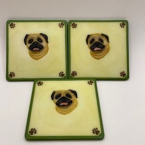 Set Of 3 Pug Coasters With Cork Backing. Preowned And In Great Condition.